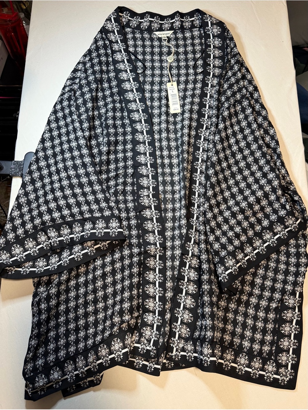 Max Studio Black and White Floral Border Open Cardigan